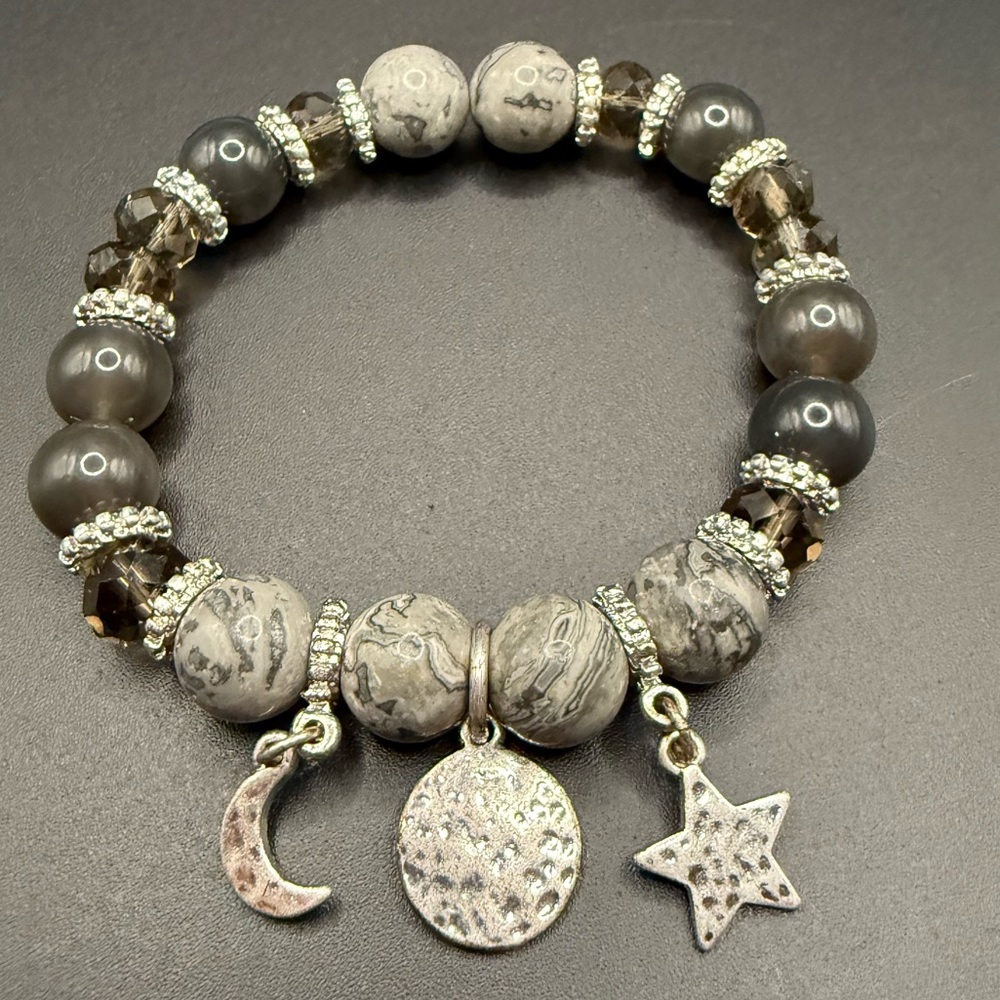 Gray and Silver Tone Beaded Charm Bracelet Whimsy Astrology